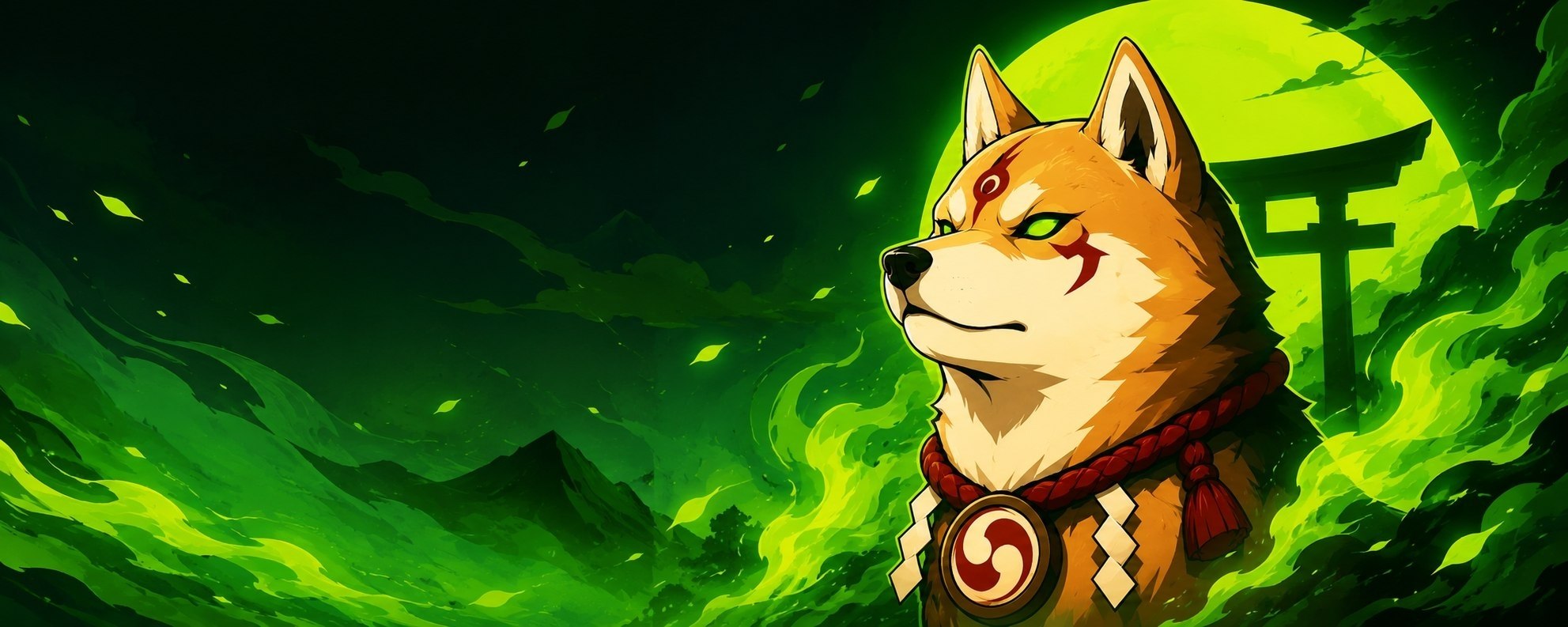 Inugami spirit dog before a torii gate and glowing green moon
